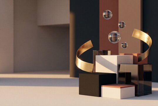 Modern abstract 3D composition featuring geometric podiums, golden metallic ribbons, floating glass spheres, and minimalist architecture