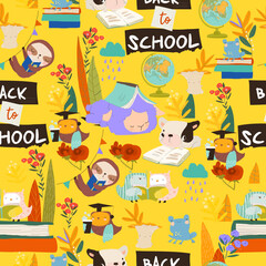 Naklejka premium Seamless Pattern With Animals Sitting On Stacks Of Books