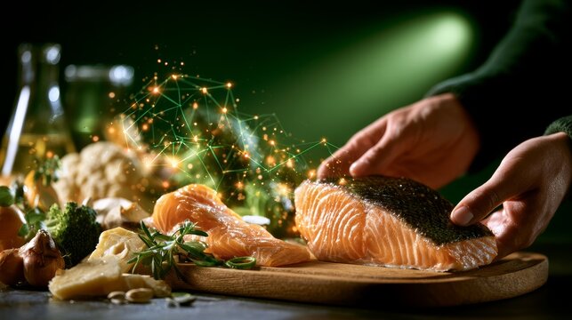 Hands holding salmon fillet with food technology network
