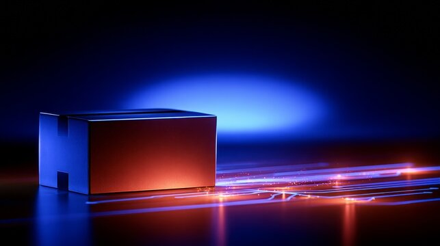 Futuristic package box with glowing data lines