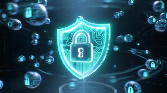 A glowing shield with lock symbol shown as futuristic digital graphic on dark background, concept of cybersecurity protection