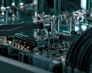 Fototapeta premium extreme macro shot of liquid cooled computer motherboard processor with water cooling tubes, braided cables, high performance pc hardware background for technology, gaming, hardware concept art