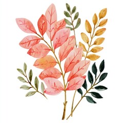 Fototapeta premium Watercolor botanical branch with pink and green leaves