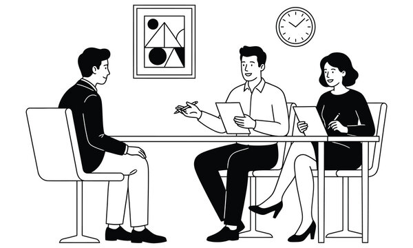 Human resources managers interviewing male applicant at desk vector