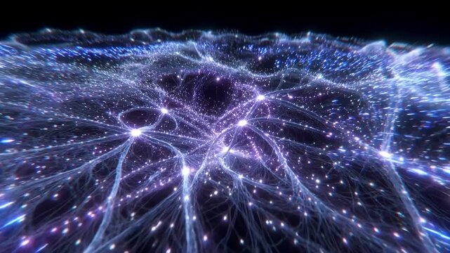 Glowing cosmic web of light strands in abstract style on dark background, concept of energy flow and universal connection