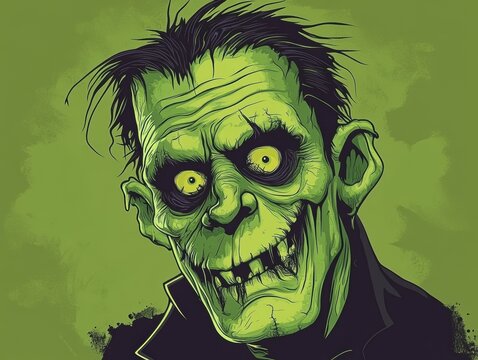 Symmetrical front view illustration of a grinning green-skinned Frankenstein's monster with wild black hair, centered against a dark green background.
