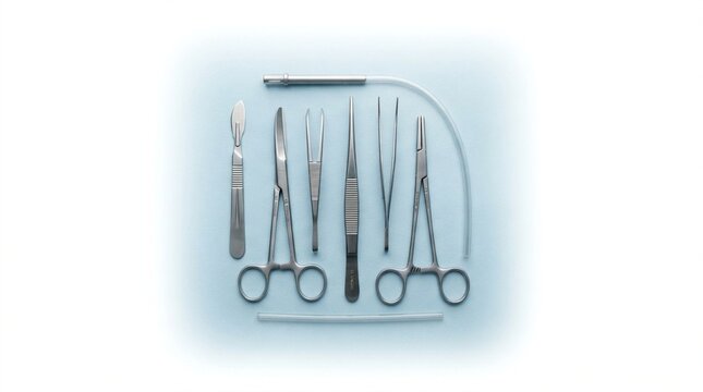 Surgical instruments laid out neatly on a light blue background, including scalpels, forceps, scissors, and medical tubing for operations