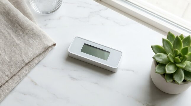 Minimalist digital thermometer on a white marble surface, perfect for home decor product photography and simple scientific display of temperature and humidity readings.
