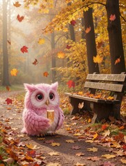 Fototapeta premium Whimsical pink owl sits on autumn path holding drink. Falling leaves surround fuzzy bird near wooden bench in park. Soft focus forest scene, cozy fall atmosphere.
