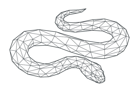 Low poly snake line art illustration isolated on a white background. Geometric vector wireframe icon of a serpent reptile for creative design, branding, Chinese Zodiac, and coloring pages