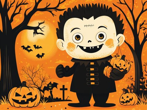 A cute cartoon illustration of a little vampire boy with fangs and a cape stands in a graveyard surrounded by bats under an orange sky.
