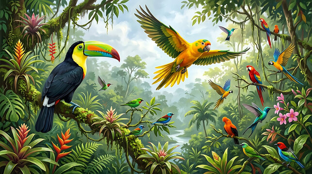 Tropical rainforest ecosystem filled with exotic birds and lush green foliage toucan bird flying parrot jungle ecosystem rainforest wildlife colorful birds nature reserve rainforest ecosystem