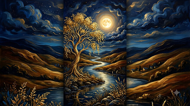 Fantasy landscape painting with glowing golden tree river and full moon under starry night sky magical forest artistic background mystical nature digital art painting mountains illuminated