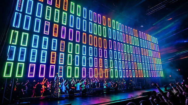 Large concert stage with a massive led wall displaying colorful glowing neon geometric patterns stage lights music concert live event performance stage light show neon display visual production