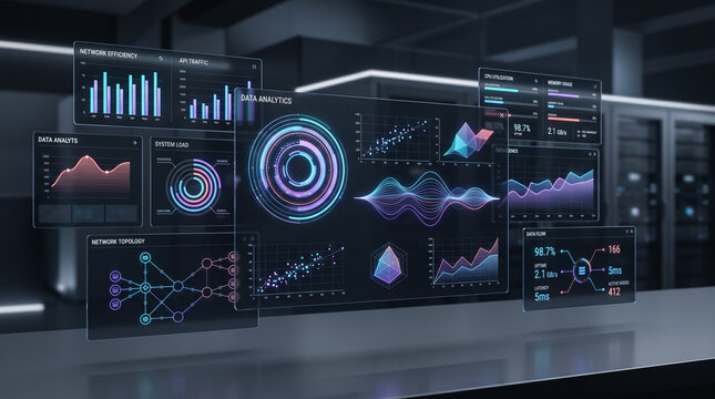 Futuristic data analytics interface with glowing charts, network topology, system metrics, predictive insights, cloud technology, performance monitoring, digital intelligence enterprise