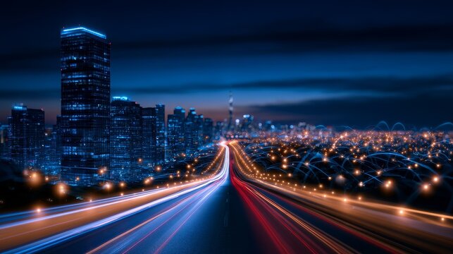 Smart city at night showing network and data connectivity