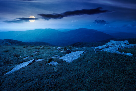 Carpathian mountain landscape in summer at night. scenic view of Transcarpathia region from the mnt. Smooth. alpine blueberry field with rock on the Polonyna Runa hill in full moon light