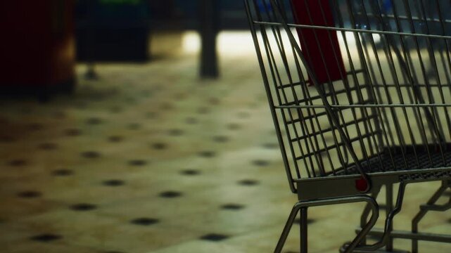 A shopping cart stands still in a grocery store. The store is busy with many customers moving around. Bright lights shine above as shoppers fill their baskets with items.