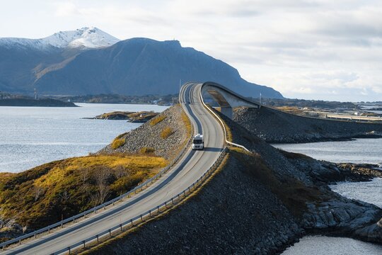 Campervan on the island connecting road Atlantic Ocean Road, Vevang, Norway