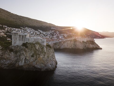 Aerial view, sunrise over the old town of Dubrovnik, Croatia