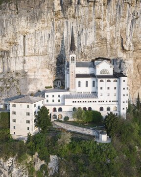 Aerial view, Sanctuary on a steep slope, Chapel of Madonna della Corona, near Spiazzi, Ferrara di Monte Baldo, Province of Verona, Veneto, Italy