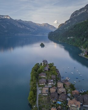 Aerial view, Iseltwald on Lake Brienz, Bernese Oberland, Switzerland