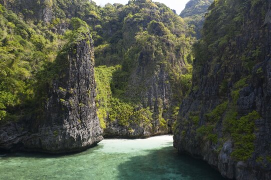 Aerial view, Koh Phi Phi Leh lagoon from above with tropical plants and white sand, Koh Phi Phi, Krabi Province, Thailand