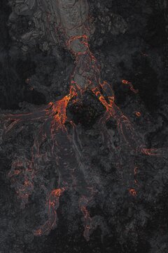 Aerial view from helicopter, erupting volcano, crater with erupting lava and lava flow, Fagradalsfjall, Reykjanes Peninsula, Iceland