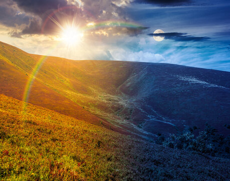 carpathian mountain landscape. travel ukraine on summer solstice. slopes mountain ridge in august at twilight. wonderful carpathian adventure with sun and moon on epic sky