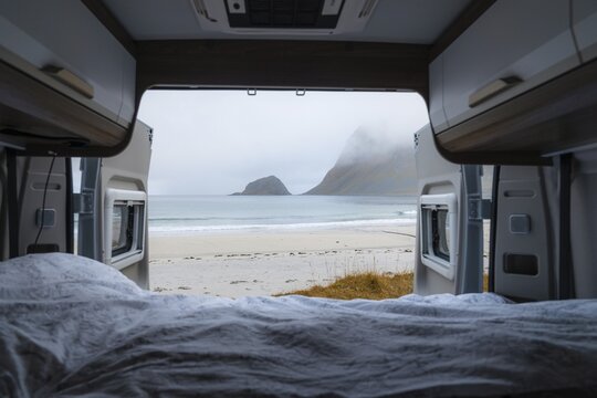 View from the rear of the campervan to beach with turquoise water, Haukland beach, Lofoten, Norway