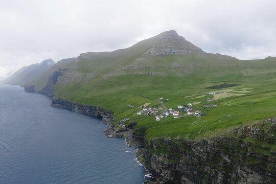 Aerial view, Mikladalur with prominent coastline, Kalsoy, Faroe Islands