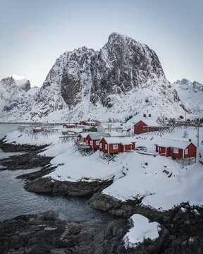Red stilt houses, Hamnoy, drone shot, Lofoten, Norway