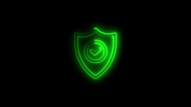 Glowing green neon security shield with checkmark animation on black background