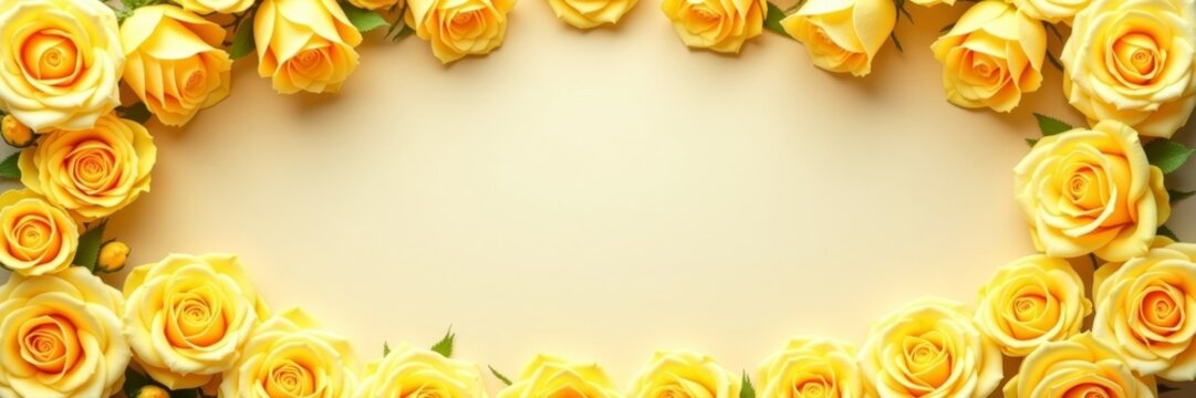 Yellow rose border forming oval frame on pastel background. Floral flat lay with copy space in center. Romantic gift and spring celebration concept for greeting card and invitation
