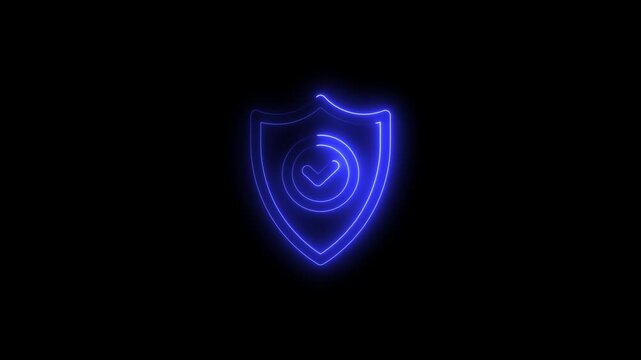 Glowing bule neon security shield with checkmark animation on black background