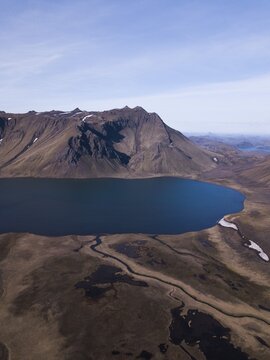 Aerial view, volcanic mountains with a lake, Fjallabak Nature Reserve, Southern Iceland, Iceland