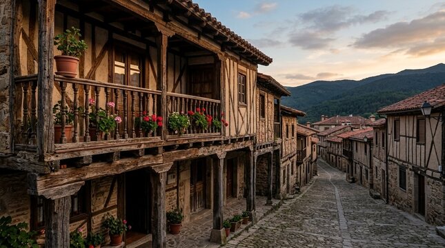 Charming medieval village street with traditional timber-framed houses and flowers
