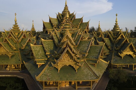 Aerial view, hexagonal golden temple, Ancient City, Bangkok, Thailand