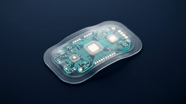 Medical electronic patch with flexible circuit board and glowing microchips on dark blue background