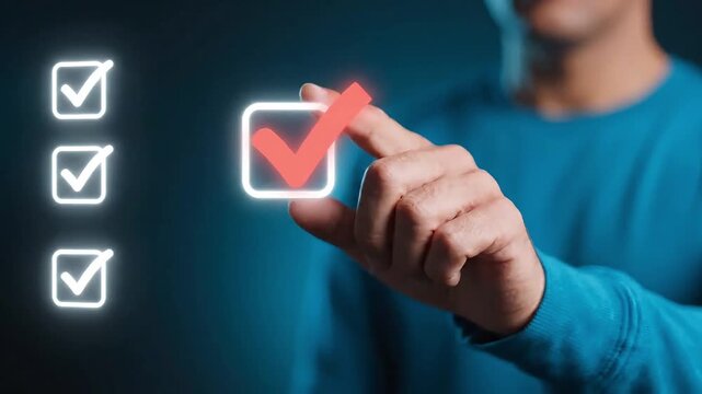 Person touching digital checkbox screen interface technology concept