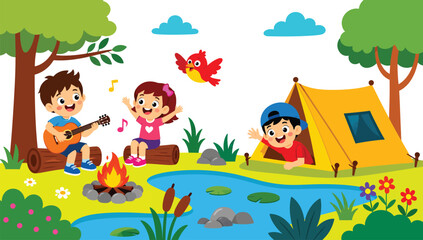 Naklejka premium Cheerful children enjoying outdoor camping adventure by a peaceful lake in nature.