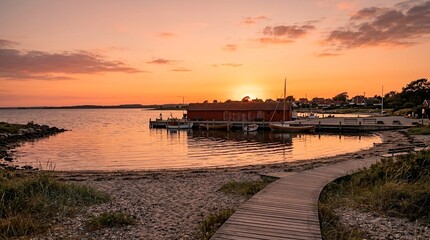 Obraz premium Coastal Village Harbor at Sunset, Scenic Seascape with Wooden Dock and Calm Water