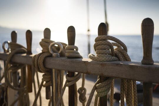 Holpins or nail nails stuck through a board, including coffee nails, linen and ropes, sailing ship, Aeolian or Lipari islands, Sicily, southern Italy, Italy