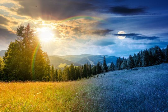countryside mountain landscape in summer. day meet night. sun and moon over lush grassy pasture on a hill near forest. rural outdoor adventure background. alpine highland of ukraine