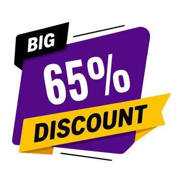 Big discount sale banner with sixty five percent off text isolated on transparent background