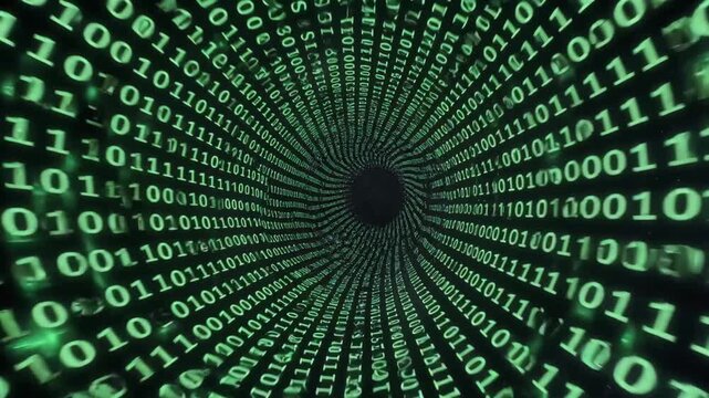 Green binary digits forming a swirling tunnel in digital style on a dark background, concept of cyberspace and data flow