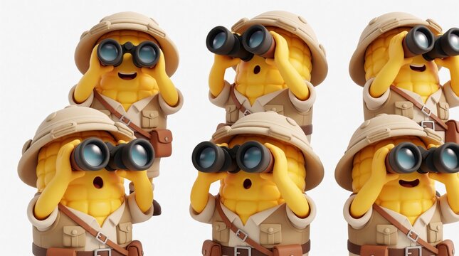 Cute corn characters wear safari hats, explorer outfits. Group of funny corn cob mascots use binoculars for observation. Yellow vegetable explorers look far away in adventure theme. Funny food