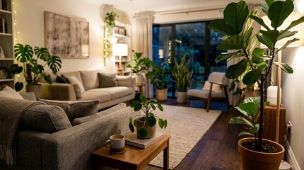 Fototapeta premium Cozy modern living room with plants, warm lighting, and cozy seating