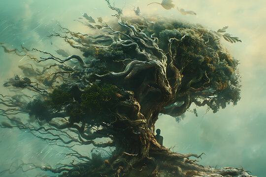 The human brain, carefully shaped like an ancient, gnarled tree, its roots intertwined with neural pathways.