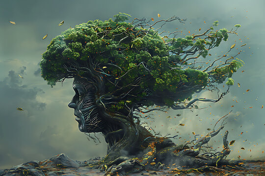 A medical-style illustration: a carefully crafted silhouette of the human brain, reminiscent of an ancient, gnarled tree, its roots intertwined with neural pathways.
